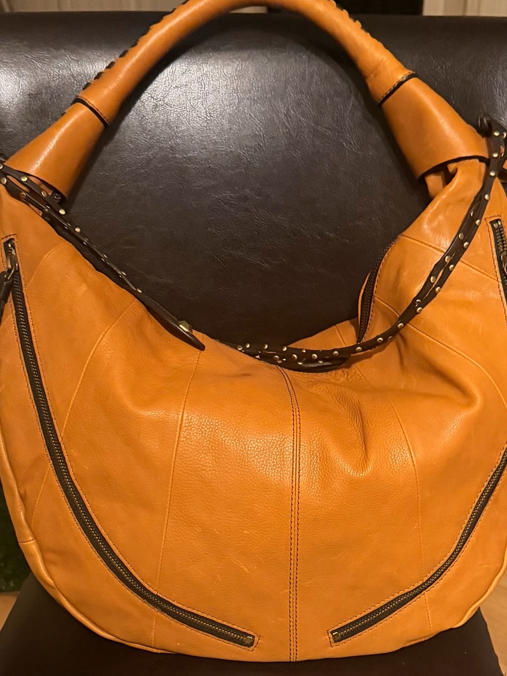orYANY Naimi Hobo bag whipstich tan Leather Hobo slouch Bag with Studded Strap